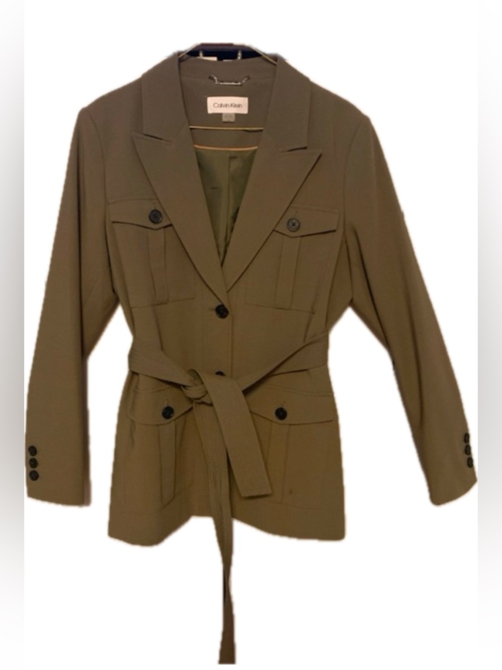 Calvin Klein Olive Green Blazer Size 14 Belted Utility Jacket Women Workwear